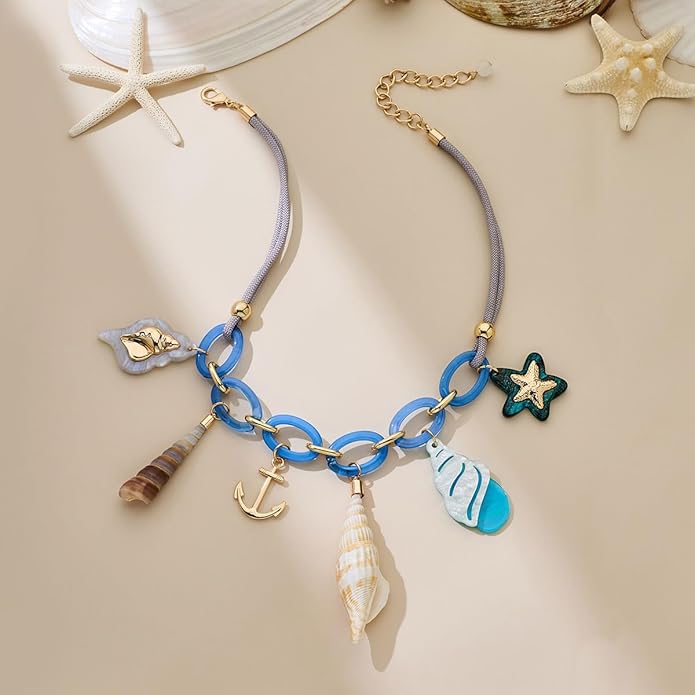 CLASSYZINT Gold Ocean Charms Necklace Shell Starfish Fish Necklace Chunky Acrylic Boho Beach Jewelry