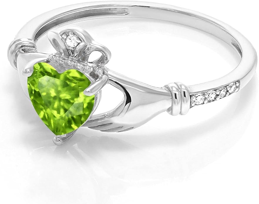 Gem Stone King 10K White Gold 6MM Heart Shape Gemstone Birthstone and White Diamond Irish Celtic Claddagh Engagement Ring | Gold Ring For Women | Available In Size 5, 6, 7, 8, 9