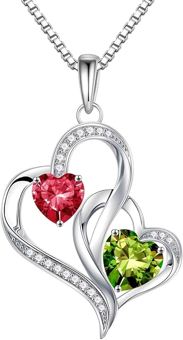 Iefil Birthstone Necklace for Women - 925 Sterling Silver Double Birthstone Heart Necklace | Anniversary Birthday Gifts for Women | Personalized Gifts | Jewelry Gifts for Wife Mom Girlfriend
