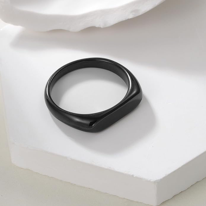 Mens Signet Rings Stainless Steel Pinky Ring for Men Women Silver/Black/Gold Square Cool Finger Ring, Gift for Dad Husband