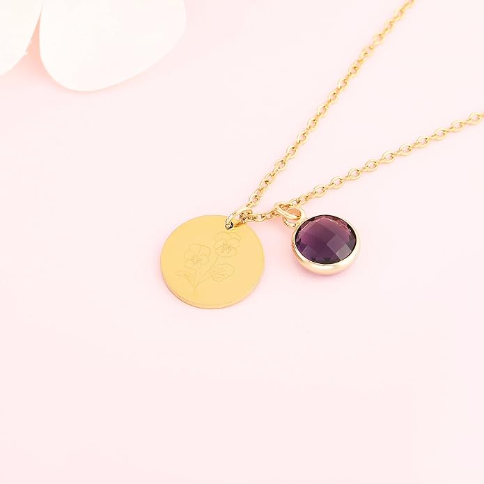 14k Gold Plated Birth Month Flower Birthstone Pendant Necklace, Floral Charm Necklace for Women Birthday Gift