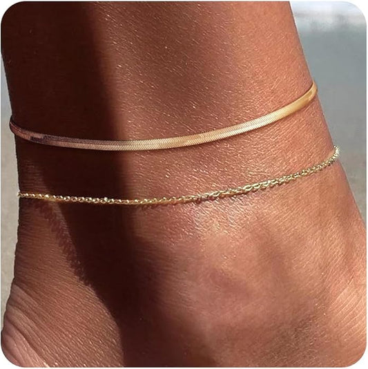 Ritach Ankle Bracelets for Women - Stainless Steel Silver/Gold Anklets for Women Waterproof Layered Cuban Link Figaro Chain Heart Anklets Set Summer Beach Jewelry Gifts