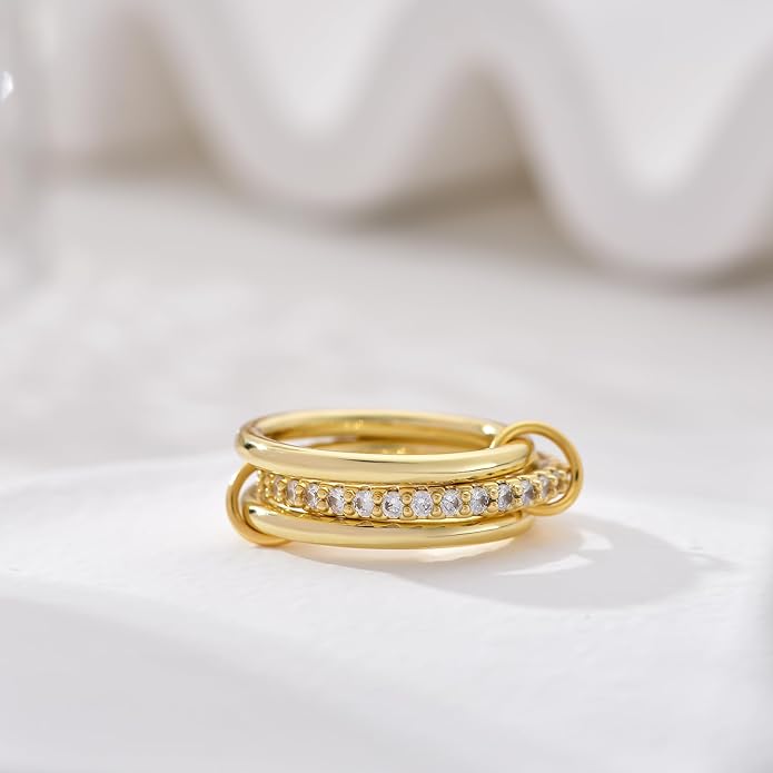 14K Gold Plated Interlocked Stackable Rings for Women Non Tarnish,Gold and Silver Cubic Zirconia Statement Rings Set,Mixed Metals Ring Two-Toned Connected Bands Stacking Jewelry