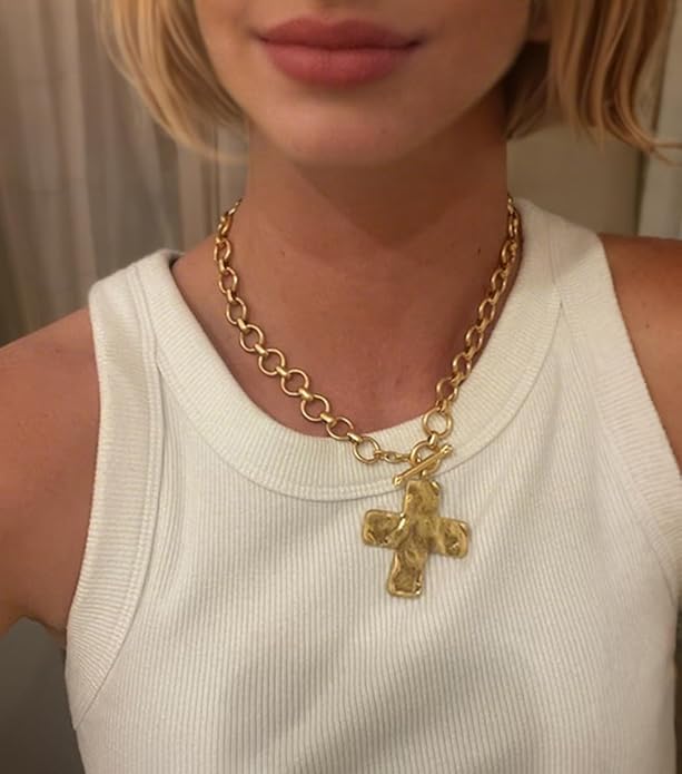 18k Gold Chain Link Necklace for Women, Baroque Pearl/Compass Pendant Necklace