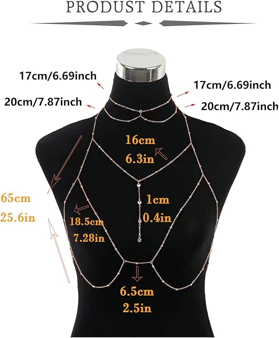 QWALIT Silver Gold Body Chain Jewelry for Women Rhinestone Body Chain with Necklace Gold Bra Chains Top Lingerie Chain Jewelry Sexy
