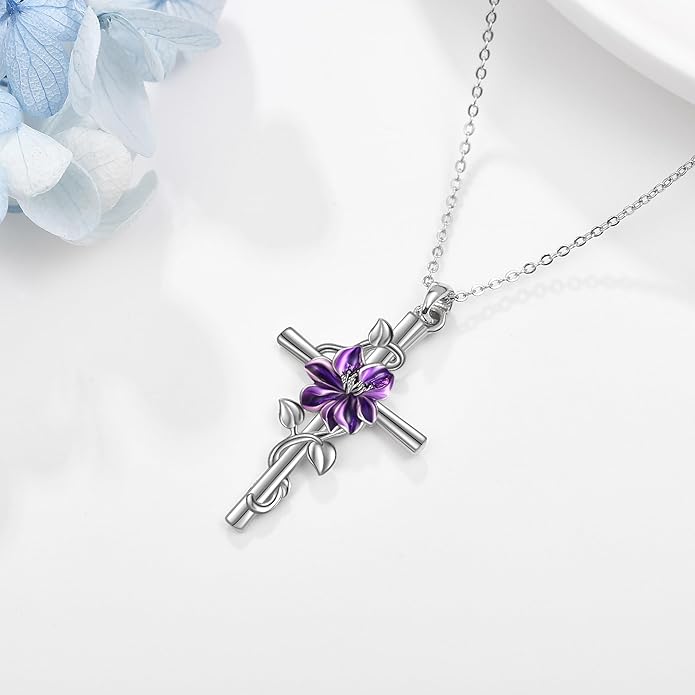 Flower Cross Necklace 925 Sterling Silver Carnation/Rose/Lily/Daisy Cross Necklace Birth Flower Jewelry for Women