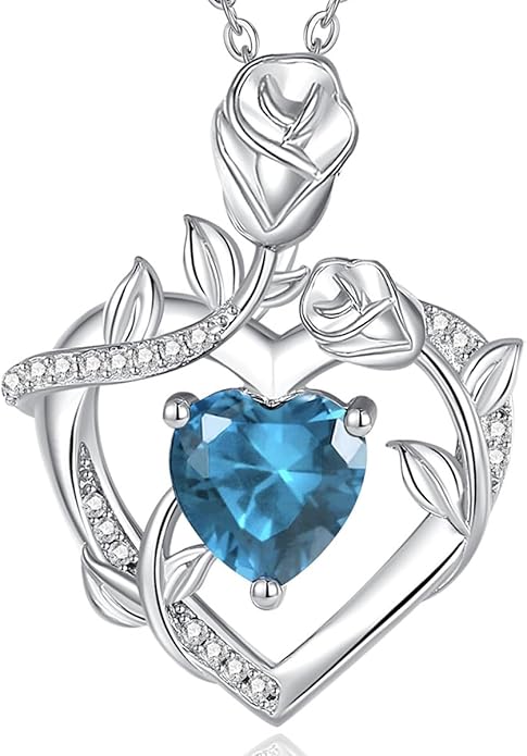 AGVANA Rose Birthstone Necklace for Women Sterling Silver Rose Flower Heart Necklace Fine Jewelry Anniversary Birthday Gifts for Women Wife Mom Her, Length: 18"+2"