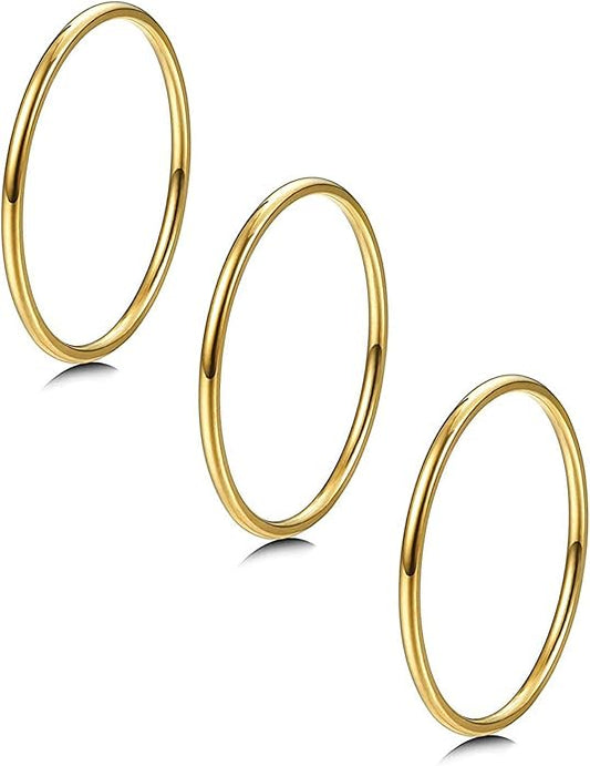 LOYALLOOK 3pcs 1mm Stainless Steel Women's Plain Band Knuckle Stacking Midi Rings Comfort Fit Silver/Gold/Rose Tone