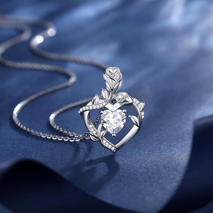 AGVANA Rose Birthstone Necklace for Women Sterling Silver Rose Flower Heart Necklace Fine Jewelry Anniversary Birthday Gifts for Women Wife Mom Her, Length: 18"+2"