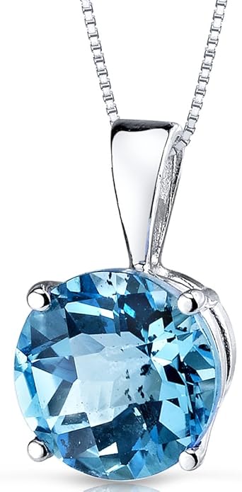 PEORA 14K White Gold Swiss Blue Topaz Pendant for Women, Genuine Gemstone Solitaire, Round Shape, 8mm, 2.50 Carats total, AAA Grade, Blue Gemstone Necklace, December Birthstone Gold Necklace