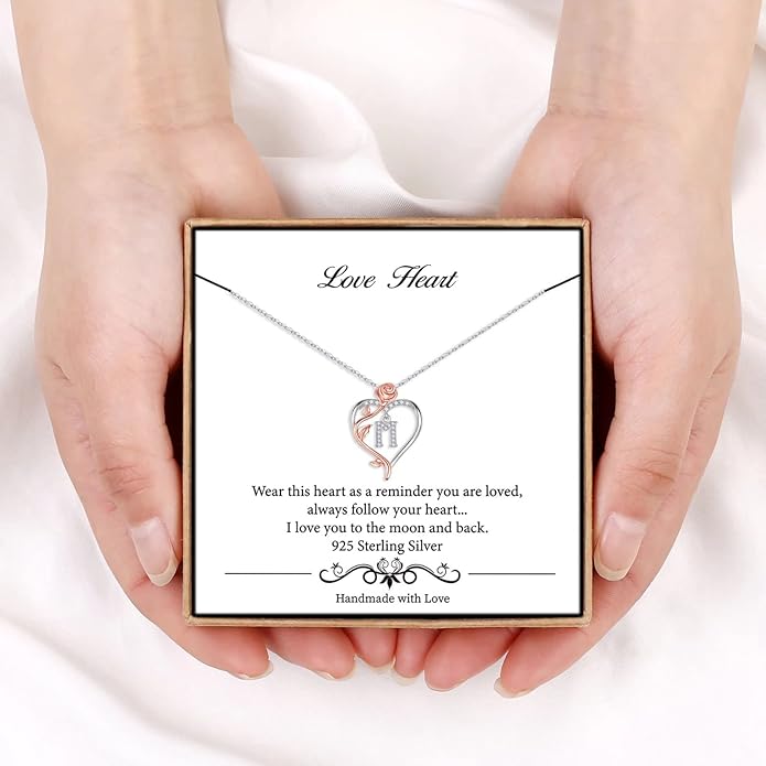 Iefil Rose Heart Necklaces Gifts for Women - 925 Sterling Silver Rose Heart Initial Necklace, Anniversary Birthday Gifts for Women, Jewelry Gift for Her Wife Girlfriend Mom Daughter