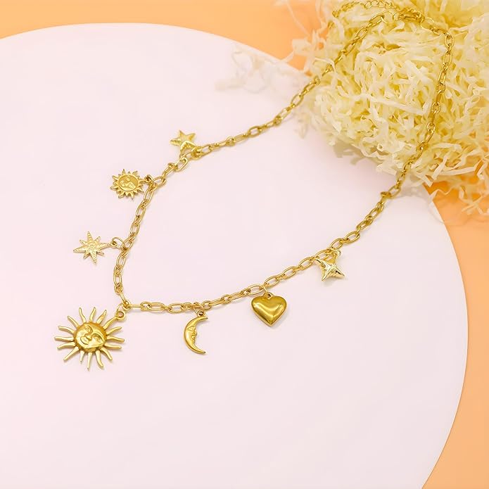 Chunky Retro Heart Necklace for Women Antique Layer Beach Ocean Moon Stars Western Boho Charm Necklaces Retro Link Chain Jewelry