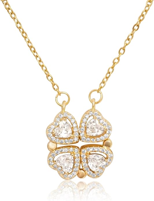 18K Gold Stainless Steel Gold Plated Necklace with Clove Hearts Charm - Can Be Worn Two Ways (Elegant A)
