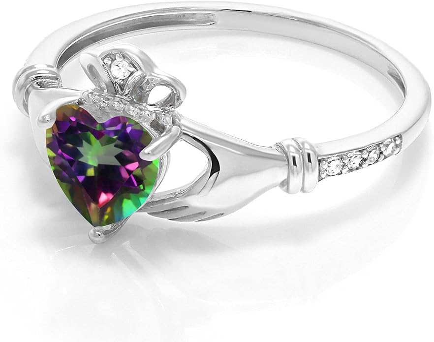 Gem Stone King 10K White Gold 6MM Heart Shape Gemstone Birthstone and White Diamond Irish Celtic Claddagh Engagement Ring | Gold Ring For Women | Available In Size 5, 6, 7, 8, 9