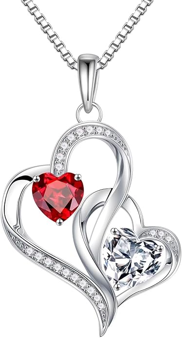Iefil Birthstone Necklace for Women - 925 Sterling Silver Double Birthstone Heart Necklace | Anniversary Birthday Gifts for Women | Personalized Gifts | Jewelry Gifts for Wife Mom Girlfriend