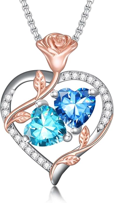 Jewelry for Her Double Heart Rose Birthstone Pendant Necklace Anniversary Jewelry Christmas Birthday Gifts for Women Wife Girlfriend