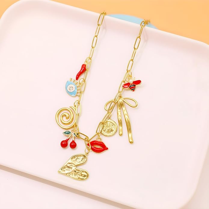 Chunky Retro Heart Necklace for Women Antique Layer Beach Ocean Moon Stars Western Boho Charm Necklaces Retro Link Chain Jewelry