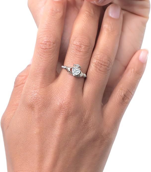 Gem Stone King 10K White Gold 6MM Heart Shape Gemstone Birthstone and White Diamond Irish Celtic Claddagh Engagement Ring | Gold Ring For Women | Available In Size 5, 6, 7, 8, 9