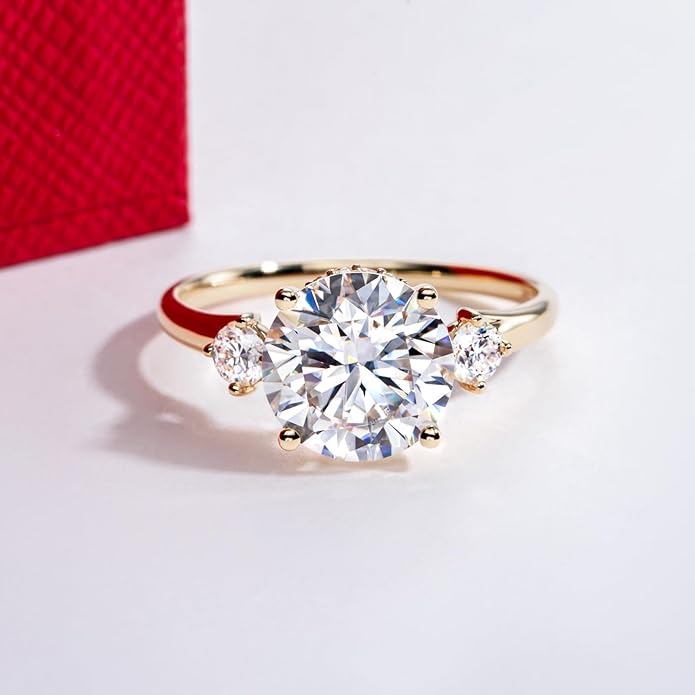 Solid 14K Gold 3.36ct Moissanite Three Stone Rings (3ct Center Stone), Round/Oval/Emerald Shape, Real Gold | D Color and Flawless Moissanite | Wedding Anniversary Ring