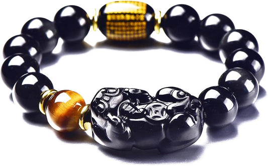 Black Obsidian Bracelet,Feng Shui Black Obsidian Wealth Bracelet for Women Men Stretch Obsidian Bracelet Bangle with Pixiu Tiger Eye Stone Attract Wealth Money and Good Luck