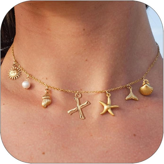 Initial Charm Necklace For Women Shell Letter Necklaces Gold Charms Pendant Boho Summer Seashell Beach 14k Starfish Surfer Jewelry Gifts