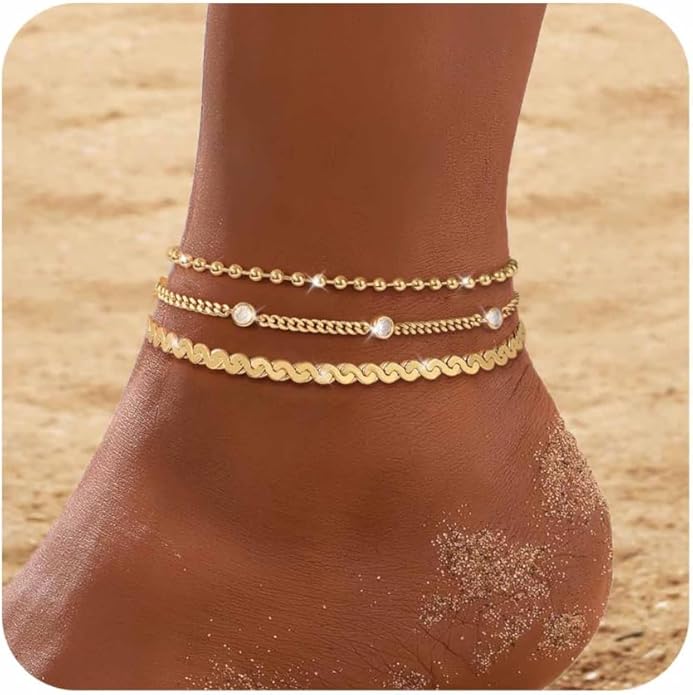 RLMOON Gold Anklets for Women CZ Ankle Bracelet 14K Gold Plated Waterproof Dainty Layered Tennis Heart Dot Chain Silver Clover Anklet Trendy Foot Jewelry