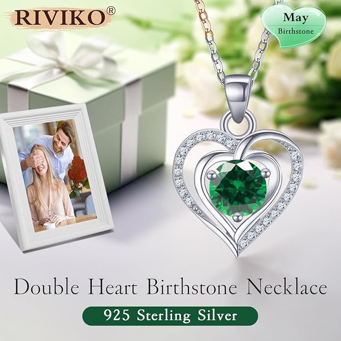 RIVIKO Heart Birthstone Pendant Necklace for Women 925 Sterling Silver Zirconia Necklaces Wedding Anniversary Birthday Mothers Day Jewelry Gifts For Her Mother Wife