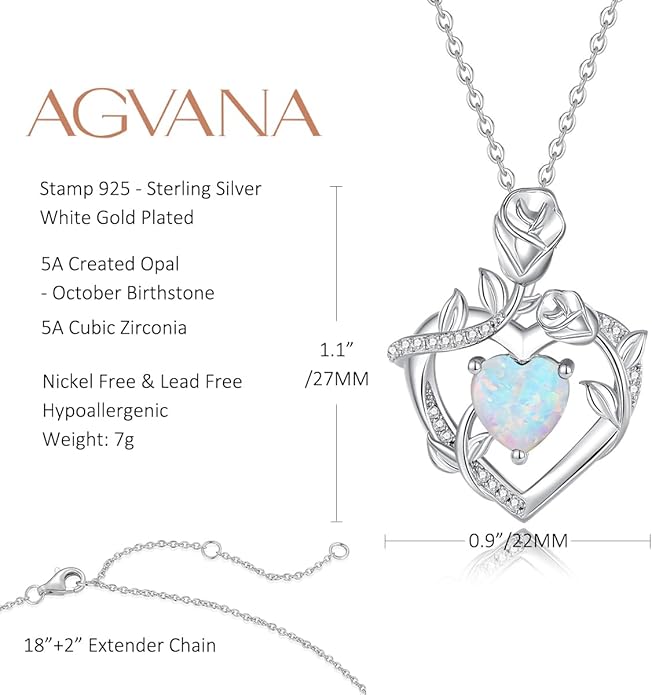 AGVANA Rose Birthstone Necklace for Women Sterling Silver Rose Flower Heart Necklace Fine Jewelry Anniversary Birthday Gifts for Women Wife Mom Her, Length: 18"+2"