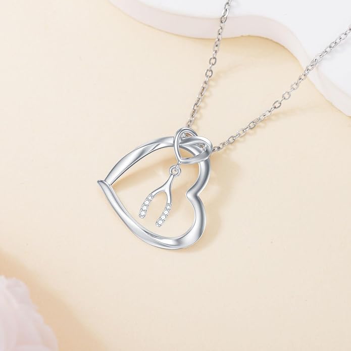 Diamond Heart Wishbone Necklace with Puffed Heart Charm 925 Sterling Silver Wishbone Heart Pendant for Women Jewelry Gifts for Mom