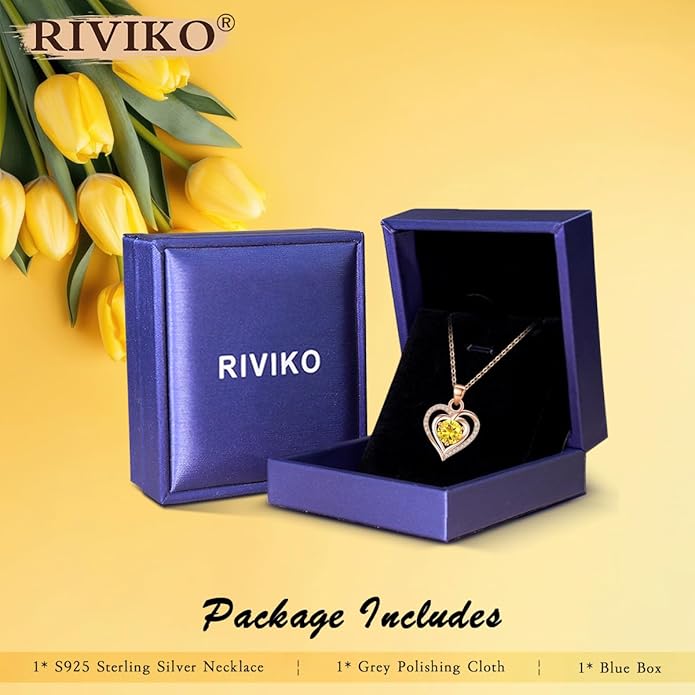RIVIKO Heart Birthstone Pendant Necklace for Women 925 Sterling Silver Zirconia Necklaces Wedding Anniversary Birthday Mothers Day Jewelry Gifts For Her Mother Wife