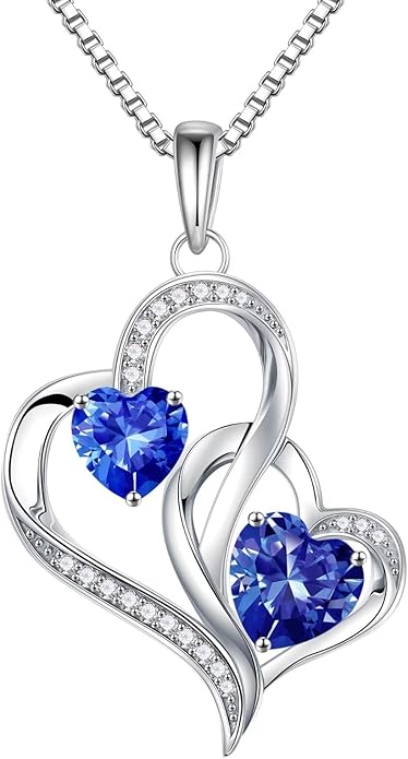 Iefil Birthstone Necklace for Women - 925 Sterling Silver Double Birthstone Heart Necklace | Anniversary Birthday Gifts for Women | Personalized Gifts | Jewelry Gifts for Wife Mom Girlfriend