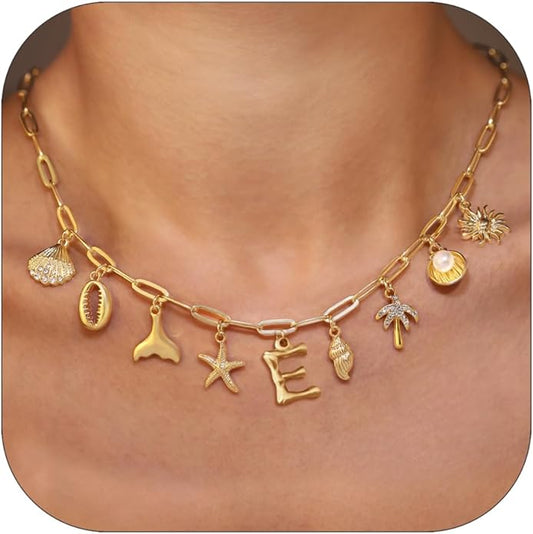 Initial Charm Necklace For Women Shell Letter Necklaces Gold Charms Pendant Boho Summer Seashell Beach 14k Starfish Surfer Jewelry Gifts