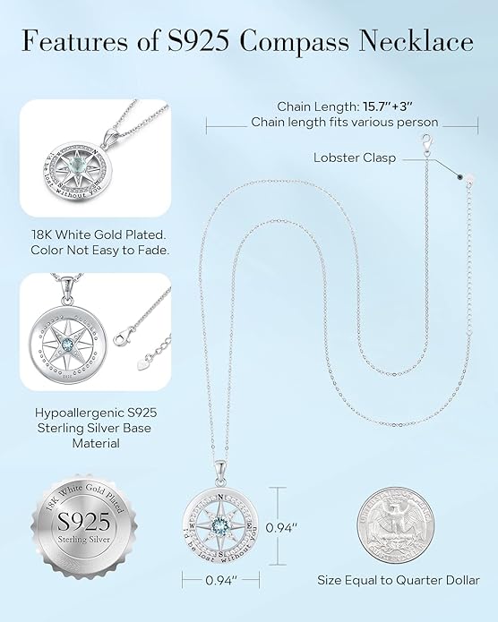 S925 Necklace Gift for Wife |Compass Jewelry |Women Anniversary |Sterling Silver |Girlfriend Birthday Gifts for Her Valentines |I'd be Lost without You |Jewel 18K Gold