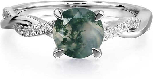 LUO 925 Sterling Silver 7x7mm Round Cut Gemstone Birthstone Rings for Women, Twist Infinity Engagement Ring Birthstone Jewelry Anniversary Wedding Promise for Lady Size 3-13