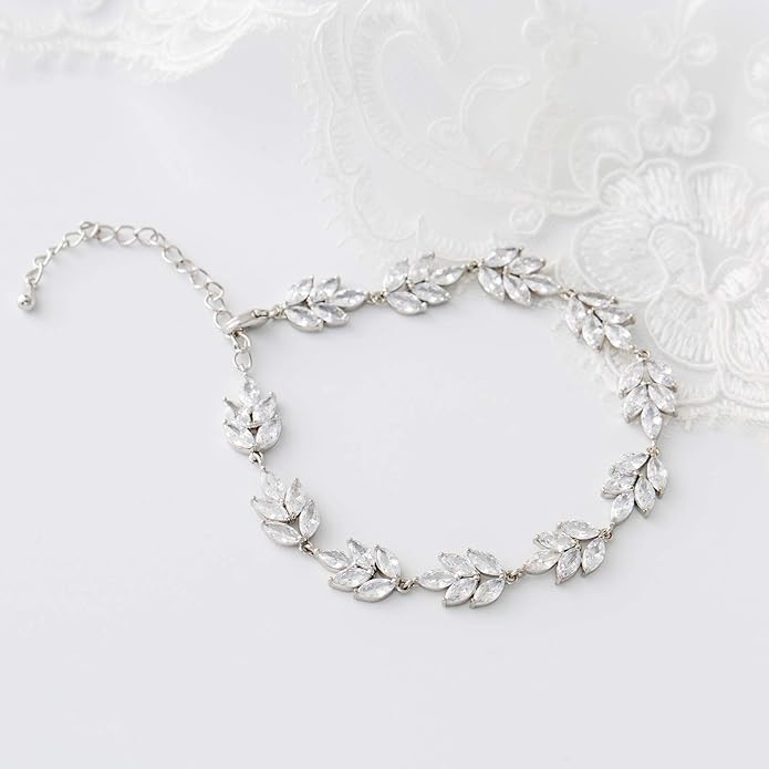 SWEETV Bracelet Wedding Bridal for Brides,Bridesmaid-Crystal Cubic Zirconia Bracelet Leaf Vine Vintage Style
