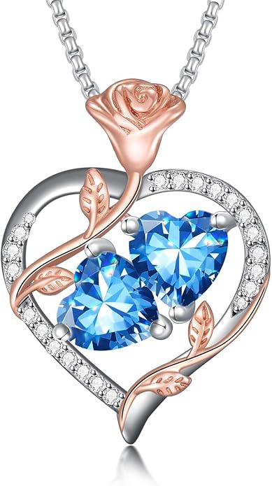 Jewelry for Her Double Heart Rose Birthstone Pendant Necklace Anniversary Jewelry Christmas Birthday Gifts for Women Wife Girlfriend