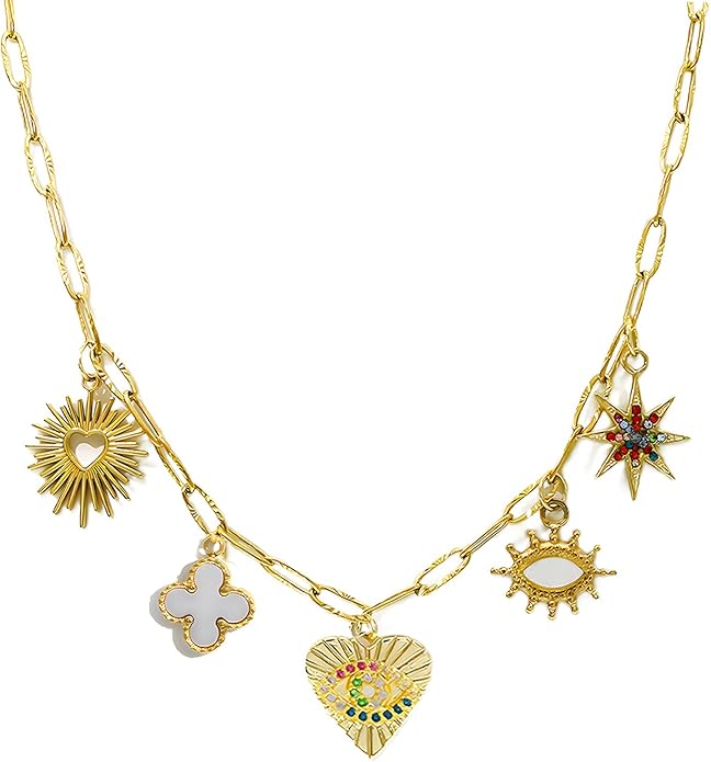 Chunky Retro Heart Necklace for Women Antique Layer Beach Ocean Moon Stars Western Boho Charm Necklaces Retro Link Chain Jewelry