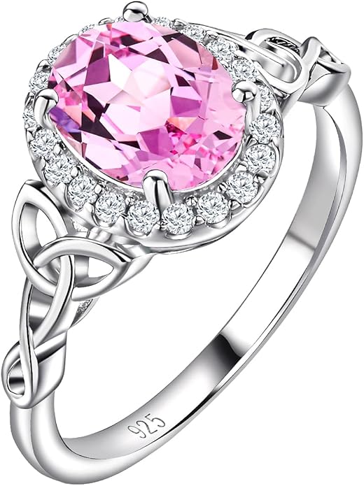 DAYBYDAY Celtic Birthstone Rings for Women 925 Sterling Silver Heart/Round/Pear/Oval Created Gemstone Moissanite Halo Engagement Promise Rings for Her Wife Birthday Anniversary Wedding Jewelry