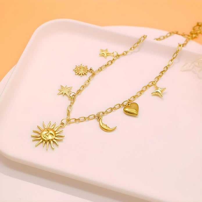 Chunky Retro Heart Necklace for Women Antique Layer Beach Ocean Moon Stars Western Boho Charm Necklaces Retro Link Chain Jewelry