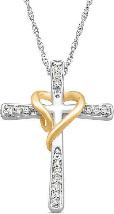 Jewelili Cross Heart Necklace Pendant in Yellow Gold or Rose Gold over Sterling Silver with 1/10 CTTW Natural White Round Diamonds and 18 inch Rope Chain