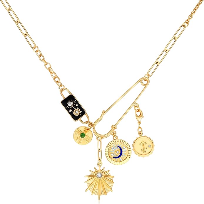 Charm Necklace for Women Gold Evil Eye Sun Moon Flower Coin Pendant Necklace Dainty Paperclip Chain Vintage Luck Amulet Choker Necklaces Celestial Jewelry Gift