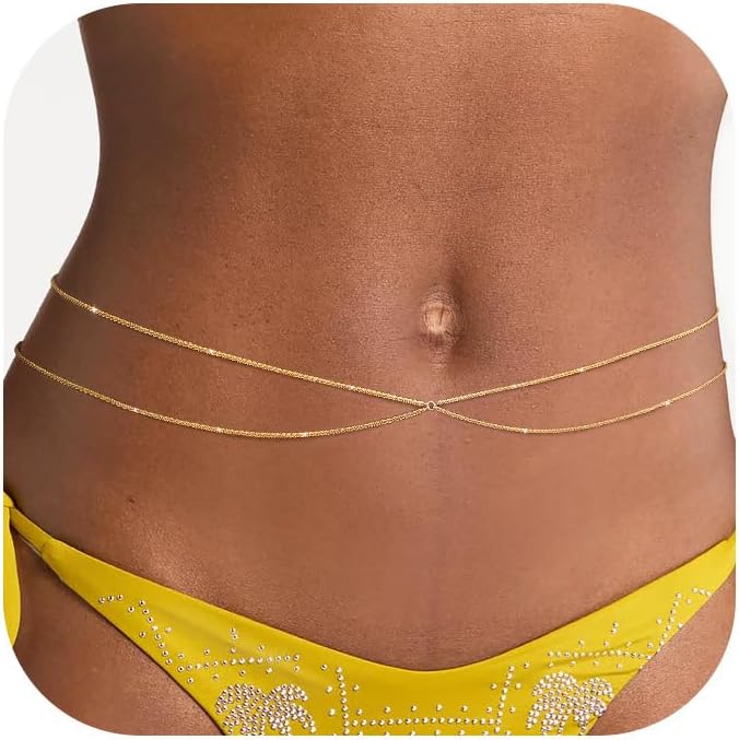 MOODEAR 2PCS Waist Chain for Women - Waterproof 14K Gold Plated/Silver Layered Belly Beads Chains with Drop Cubic Zirconia Body Chain Jewelry Sexy Bikini Belt Gift for Summer Beach