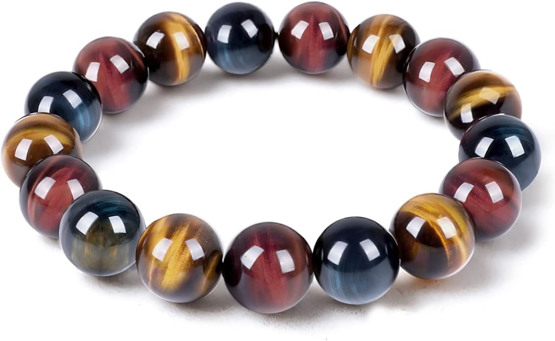 Tiger Eye Bracelet,Relax Anxiety Crystal Beaded Triple Protection Jewelry Bead Stone Chakra Gemstones Bracelets for women men