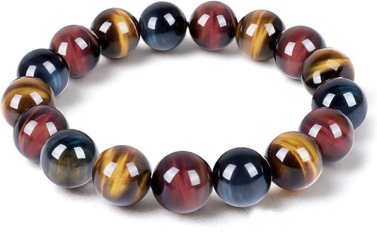 Tiger Eye Bracelet,Relax Anxiety Crystal Beaded Triple Protection Jewelry Bead Stone Chakra Gemstones Bracelets for women men