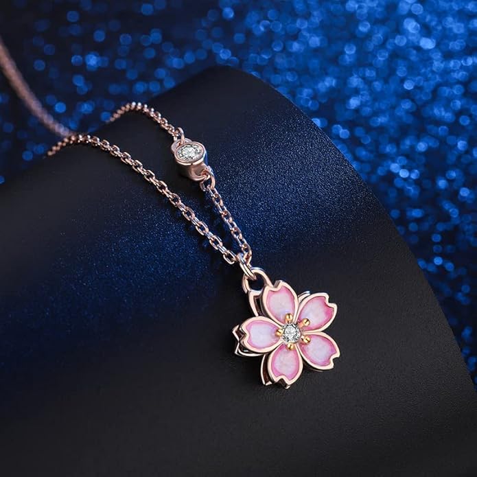 14K Women Gold Flower Chain Necklace,Dainty Sakura Floral Pendant Necklace with Moissanite Diamond,Gift for Mom, Wife, Girlfriend