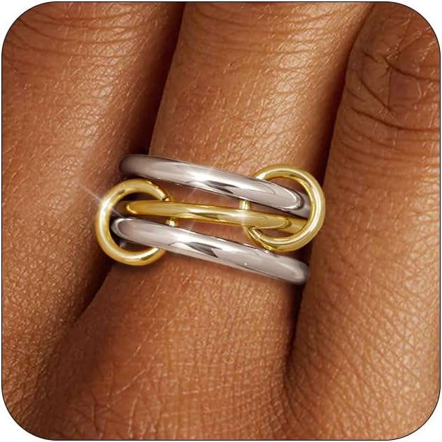 TLY Stackable Gold Rings for Women Non Tarnish 18K Gold Plated Interlocking Ring Stack Set Gold Silver Mixed Metal Statement Rings Dainty Cubic Zirconia CZ Fashion Connected Band Thumb Ring Size 4-11 Jewelry Gift for Women