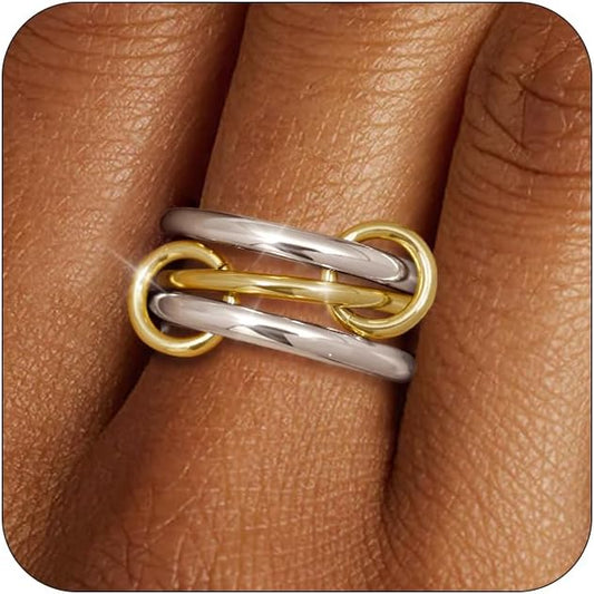 TLY Stackable Gold Rings for Women Non Tarnish 18K Gold Plated Interlocking Ring Stack Set Gold Silver Mixed Metal Statement Rings Dainty Cubic Zirconia CZ Fashion Connected Band Thumb Ring Size 4-11 Jewelry Gift for Women