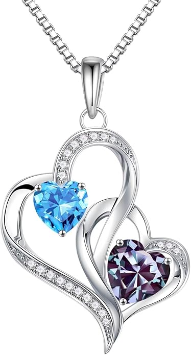 Iefil Birthstone Necklace for Women - 925 Sterling Silver Double Birthstone Heart Necklace | Anniversary Birthday Gifts for Women | Personalized Gifts | Jewelry Gifts for Wife Mom Girlfriend