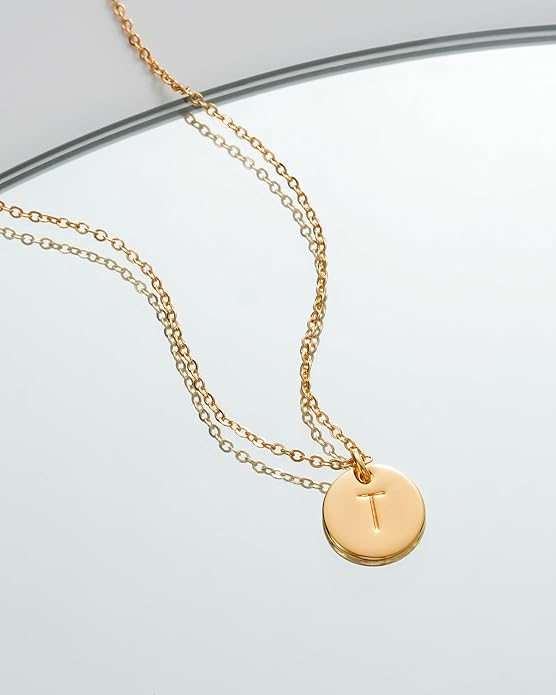 Bemoly Initial Necklace for Women Round 11MM Coin Disc Double Side Engraved Letter A-Z Hammered Pendant 14K Gold Plated Personalized Alphabet Birthday Jewelry 17.5"