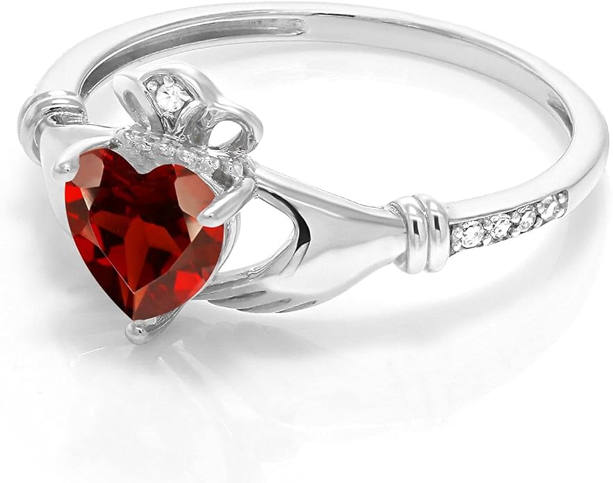 Gem Stone King 10K White Gold 6MM Heart Shape Gemstone Birthstone and White Diamond Irish Celtic Claddagh Engagement Ring | Gold Ring For Women | Available In Size 5, 6, 7, 8, 9